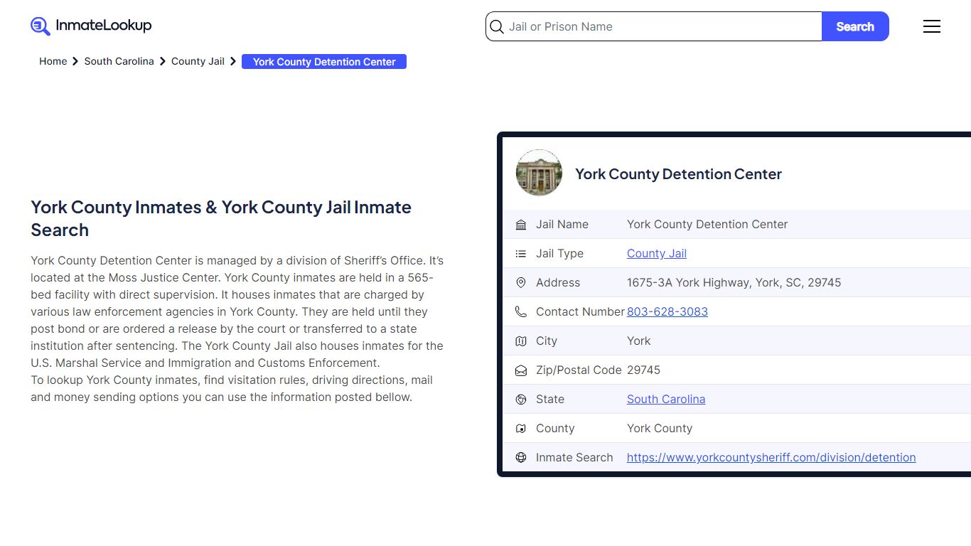 York County Detention Center (SC) Inmate Search and Jail Roster Information